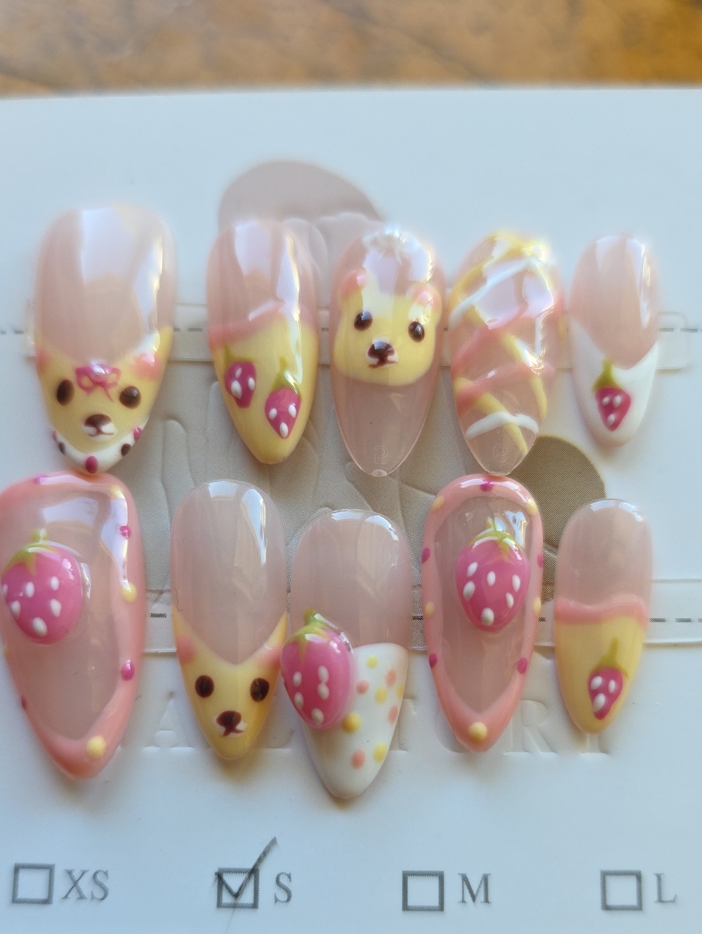 Cute Strawberry & Bear Pink Yellow Press-On Nail Set Size Small